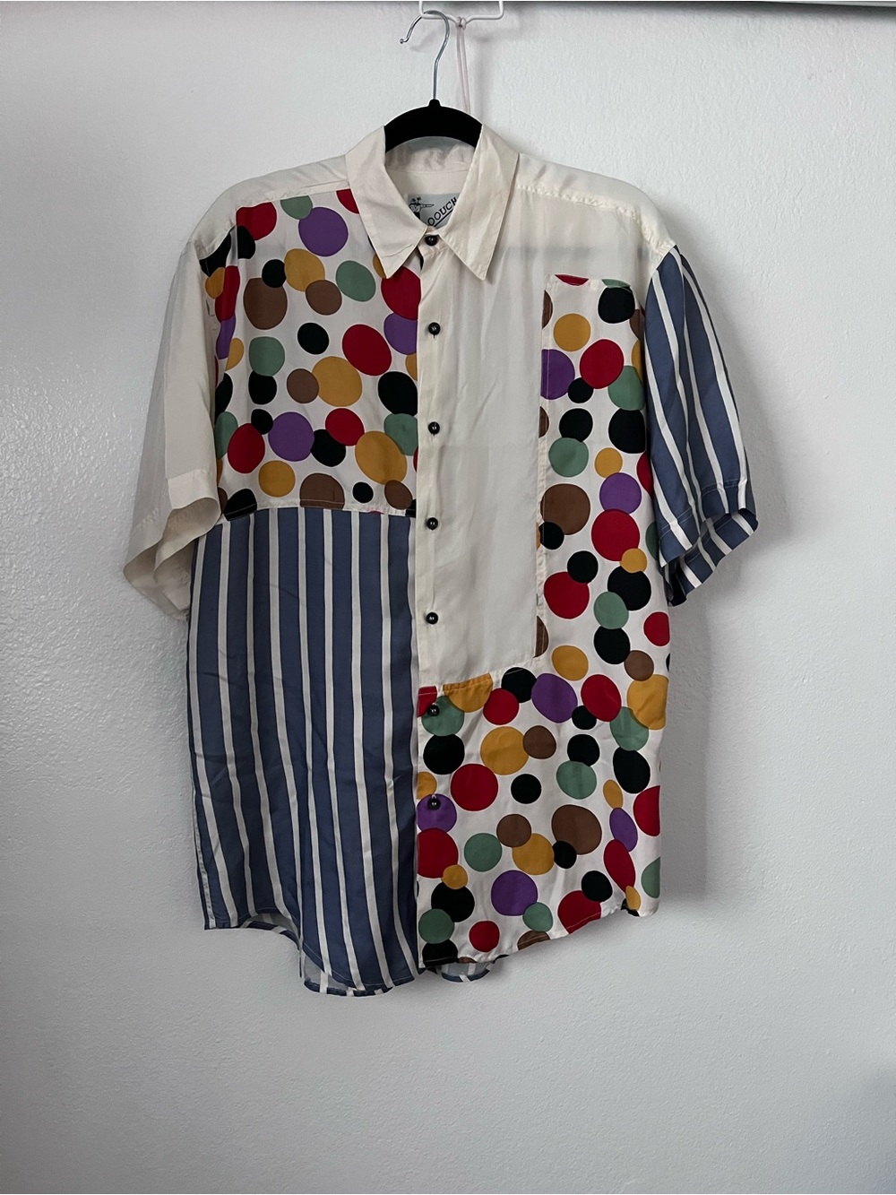 Goouch 100% Silk Colorblock Polka Dot Stripe Retro Art Button Front Shirt Size S